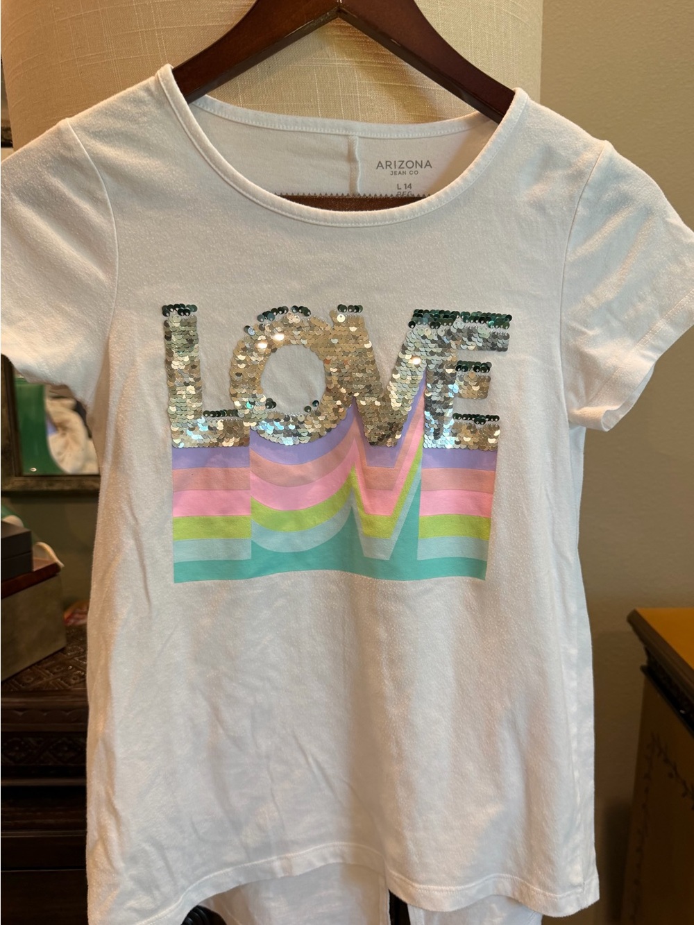 Arizona Jean Company White Tee with Sequin LOVE and Pastel Stripe Waves